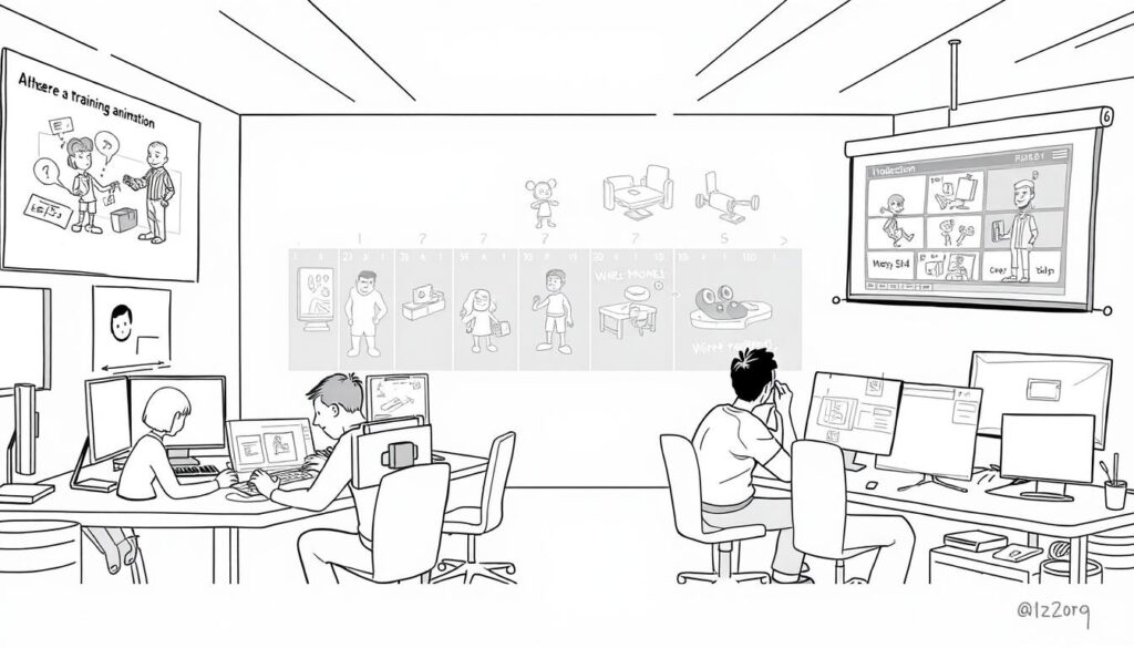 A black and white storyboard-style illustration depicting the step-by-step process of creating a training animation. In the foreground, a team of 3D modelers and animators work diligently on their workstations, sketching out concepts and refining character designs. In the middle ground, a timeline with key milestones emerges, showcasing the various stages of production - from initial ideation to final rendering. In the background, a large projection screen displays wireframe models, 3D renders, and animatic sequences, offering a glimpse into the technical complexities involved. The scene conveys a sense of focused collaboration, with the animators deeply immersed in their craft, working towards the realization of an engaging and informative training animation.