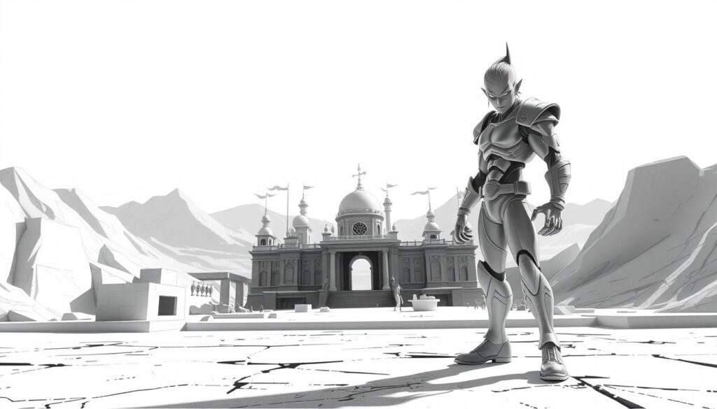 A captivating black-and-white storyboard illustration showcasing the mastery of 3D modeling. In the foreground, a striking 3D character model stands in a dramatic pose, its intricate details and textures meticulously crafted. In the middle ground, a dynamic 3D scene unfolds, with architectural elements and props seamlessly integrated. The background features a minimalist yet evocative landscape, setting the stage for this compelling 3D visualization. The lighting is dramatic, casting dramatic shadows and highlights that accentuate the depth and volume of the 3D elements. The camera angle is strategically chosen to capture the essence of the 3D modeling process, inviting the viewer to immerse themselves in the creative process.