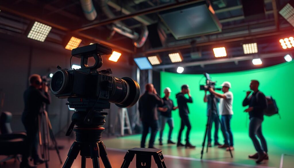 A cinematic production studio set, dimly lit with warm overhead lighting. In the foreground, a modern video camera on a tripod, its lens focused on a central subject. In the middle ground, a crew of technicians and cinematographers, adjusting lights and equipment, their movements choreographed with precision. In the background, a green screen backdrop, ready to capture the special effects required for an instructional film on workplace safety. The scene exudes a sense of technical expertise and cinematic flair, befitting the "Szkolenia BHP" brand of safety training videos.