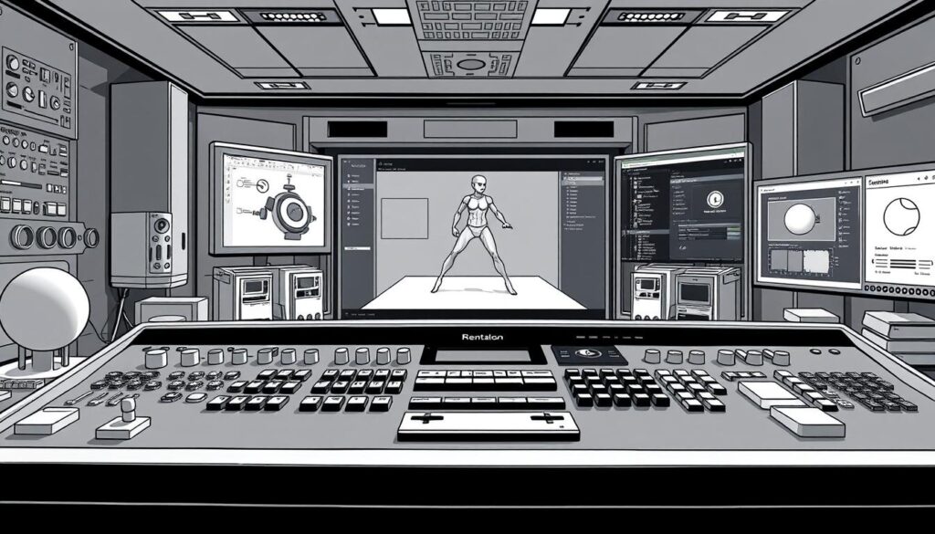 A detailed black and white storyboard-style illustration depicting a professional 3D animation software interface. In the foreground, an array of modeling and animation tools arranged across a sleek, minimalist control panel. In the middle ground, a 3D viewport showcasing a partially rendered 3D model with a dynamic pose. In the background, various windows and menus exposing settings and rendering options. The scene is illuminated by cool, directional lighting that casts subtle shadows, emphasizing the depth and structure of the software layout. The overall atmosphere conveys the precision, power, and technical complexity of 3D animation tools. A detailed black and white storyboard-style illustration depicting a professional 3D animation software interface. In the foreground, an array of modeling and animation tools arranged across a sleek, minimalist control panel. In the middle ground, a 3D viewport showcasing a partially rendered 3D model with a dynamic pose. In the background, various windows and menus exposing settings and rendering options. The scene is illuminated by cool, directional lighting that casts subtle shadows, emphasizing the depth and structure of the software layout. The overall atmosphere conveys the precision, power, and technical complexity of 3D animation tools.