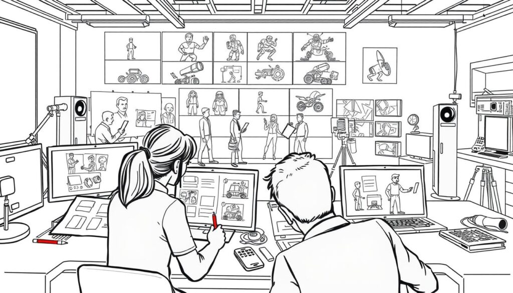 A detailed, hand-drawn storyboard scene depicting experienced 3D modeling specialists crafting a professional training animation. The foreground features a team of animators intently focused on their workstations, sketching out key frames and discussing ideas. The middle ground showcases various stages of the animation production pipeline, including wireframe models, rigged characters, and rendered sequences. The background subtly implies a modern, well-equipped studio environment with state-of-the-art equipment and tools. The overall atmosphere is one of collaborative creativity, technical expertise, and a shared commitment to delivering a high-quality training animation. The scene is rendered in a clean, minimalist black and white style to match the storyboard aesthetic.