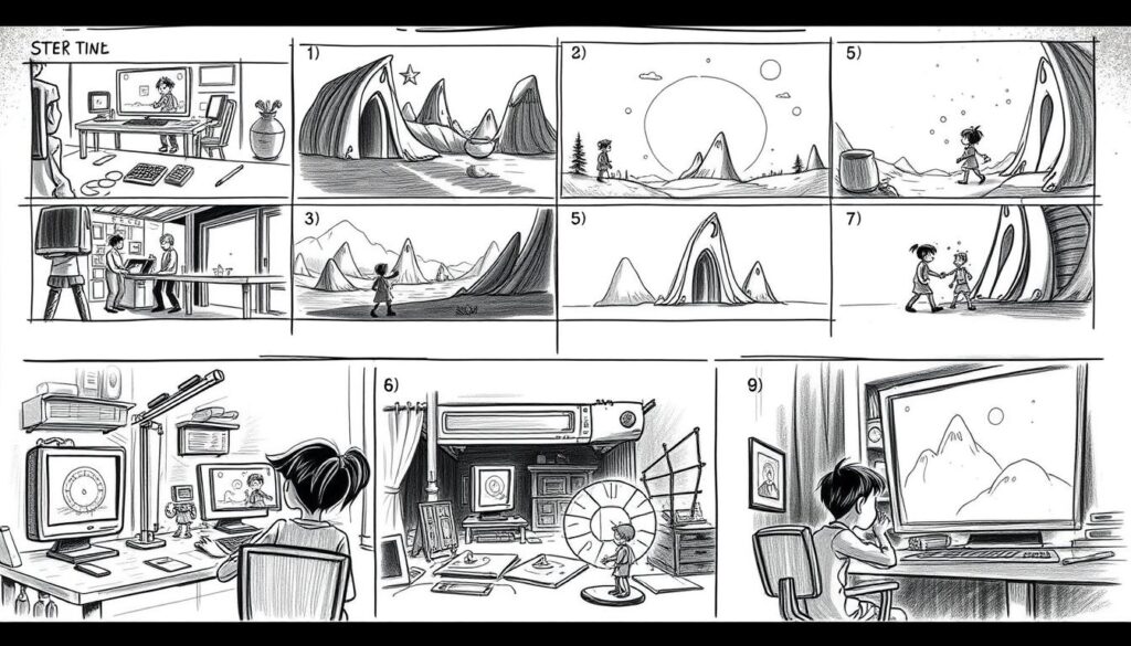 A detailed storyboard illustration depicting the step-by-step process of creating an animated film. Charcoal-sketch style black and white drawings showcasing the key stages: conceptualization, character design, background creation, layout, animation, compositing, and post-production. Capture the technical complexity and creative vision involved, with a focus on the hands-on, meticulous nature of the work. Convey a sense of artistic focus and craftsmanship through dramatic lighting, dramatic camera angles, and a moody, atmospheric tone. Emphasize the tactile, hands-on nature of the process, with sketches, pencils, and other tools visible. Depict the animators at work, carefully bringing their ideas to life frame by frame.