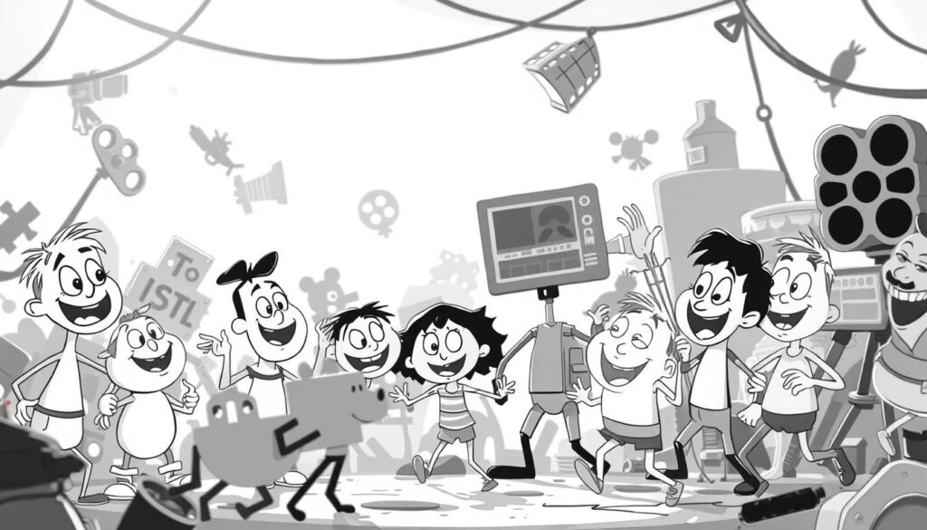 A lively black and white animated film scene, depicting a variety of intriguing animated characters and elements. The foreground features a whimsical, hand-drawn ensemble of playful figures engaged in dynamic motion, with varied expressions and poses. The middle ground showcases a stylized, minimalist backdrop, hinting at an abstract, dreamlike setting. The lighting is soft and diffused, creating a sense of depth and atmosphere. The overall mood is one of creativity, imagination, and artistic flair, capturing the essence of the animated film-making process. The composition is balanced and visually compelling, drawing the viewer into the captivating world of "filmy animowane".