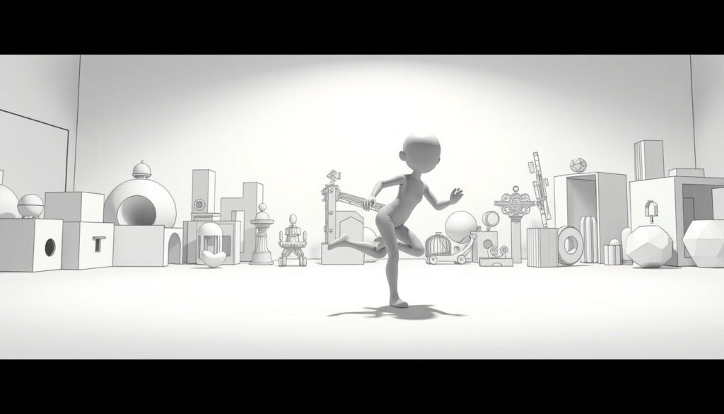 A storyboard-style rendering of a dynamic 3D animation sequence. In the foreground, a smooth, modern 3D character performs a graceful dance-like motion, their movements captured in a series of clean, monochrome sketches. The middle ground showcases various 3D models - geometric shapes, architectural elements, and abstract forms - all rendered in a stark black and white aesthetic. The background depicts a minimal, minimalist environment, perhaps a studio or workshop setting, providing a clean, focused canvas for the 3D animation to unfold. Soft, even lighting illuminates the scene, emphasizing the confident, precise movements of the central character and the intricate detailing of the supporting 3D elements. An overall sense of technical mastery and creative vision is conveyed through the carefully composed, storyboard-inspired illustration.