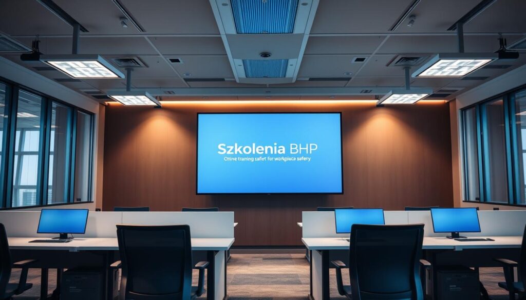 A well-lit, modern office interior with a large monitor displaying a "Szkolenia BHP" online training platform. Sleek desks and ergonomic chairs create a professional atmosphere. Soft lighting illuminates the scene, casting subtle shadows and highlights. The camera angle is positioned to showcase the prominent display, conveying accessibility and user-friendly design. The overall mood is one of efficiency, education, and a commitment to workplace safety.