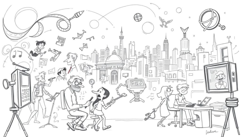 A whimsical, hand-drawn storyboard of a passionate animation studio, with pencil sketches of lively characters and dynamic scenes. The foreground features a team of animators, each focused on their craft, surrounded by swirling lines and abstract shapes that convey the energy of the creative process. The middle ground showcases a variety of animation techniques, from traditional cel animation to modern digital compositing. In the background, a muted cityscape provides a sense of place, hinting at the studio's long-standing presence and reputation. The overall mood is one of dedication, expertise, and a deep love for the art of animation.