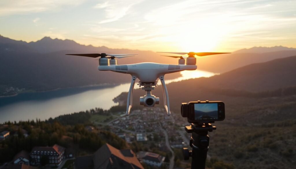 Dron filmujący atrakcję turystyczną z powietrza dla materiału promocyjnego