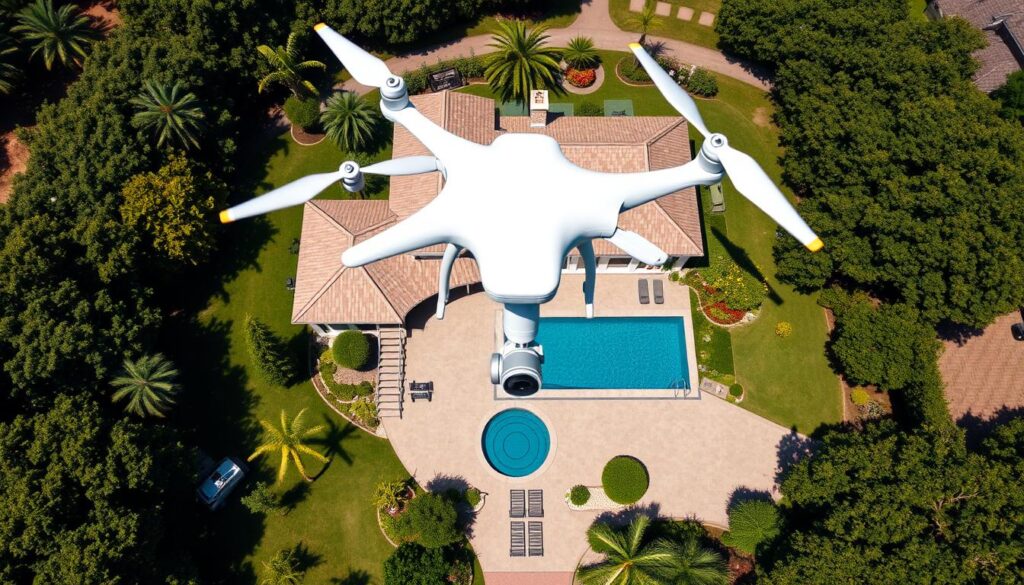 Dron filmujący luksusową nieruchomość z powietrza dla materiału promocyjnego