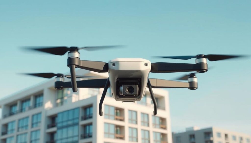 Dron filmujący obiekt architektoniczny z powietrza dla filmu promocyjnego