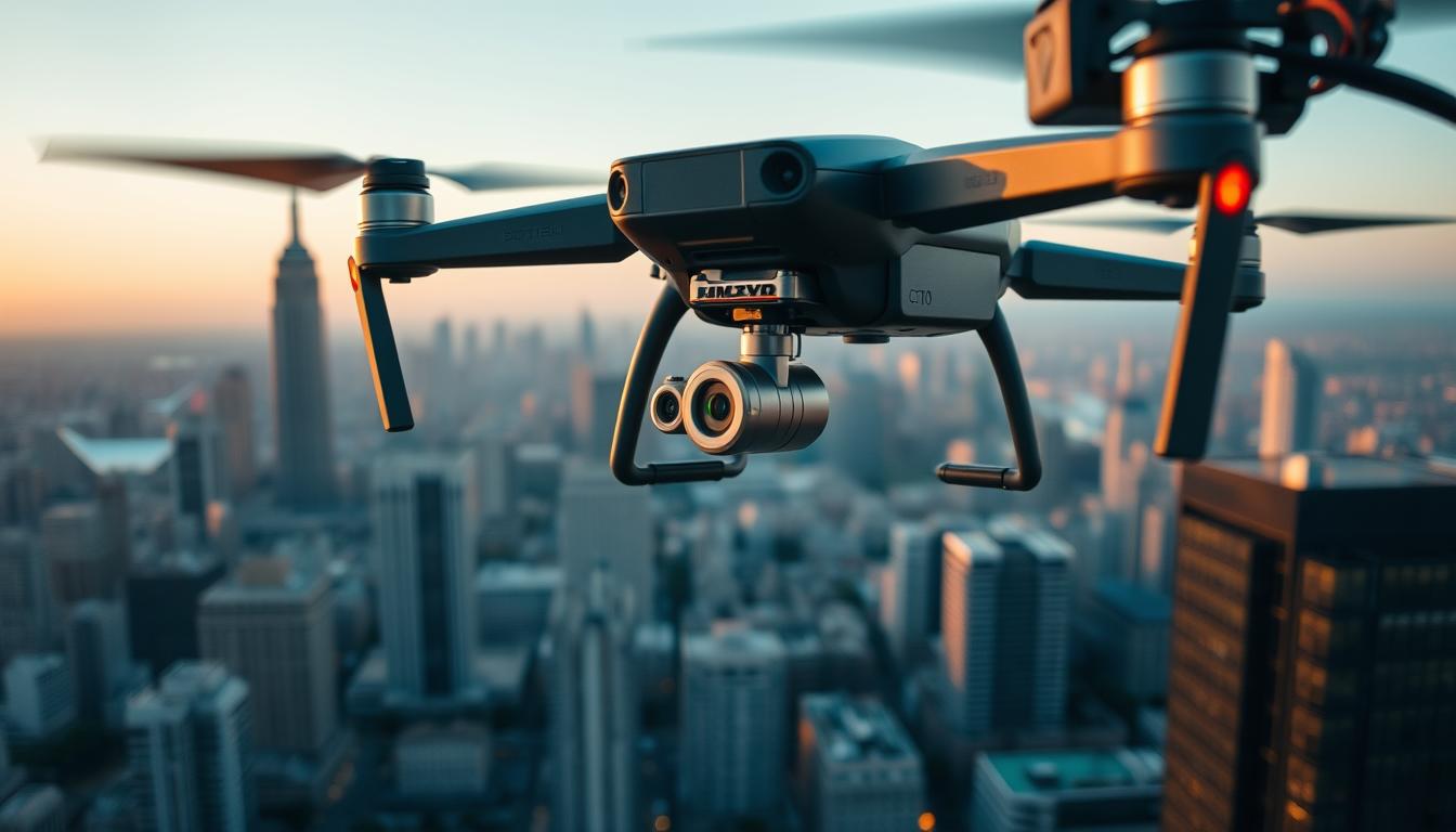 Dron filmujący z powietrza panoramę miasta dla filmu promocyjnego