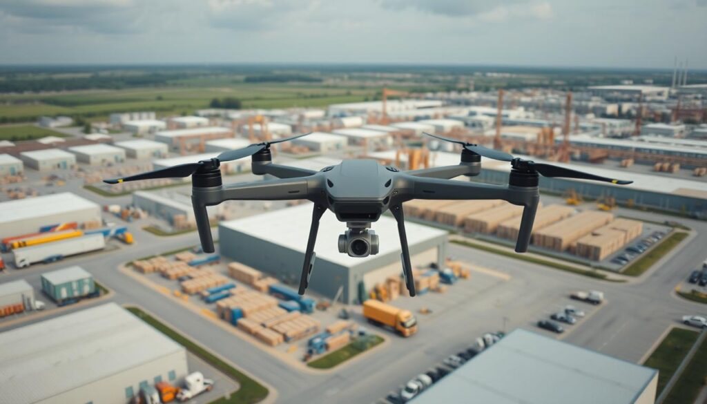 Dron filmujący zakład przemysłowy z powietrza dla filmu korporacyjnego