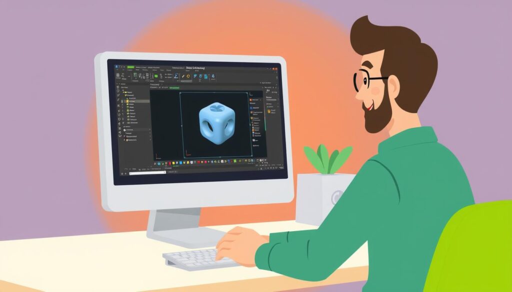 Generuj obrazek przedstawiający osobę pracującą przy komputerze z otwartym programem do modelowania 3D. Generuj obrazek przedstawiający osobę pracującą przy komputerze z otwartym programem do modelowania 3D.