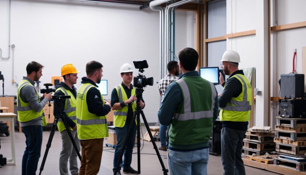 Obraz przedstawiający zespół Simple Frame podczas produkcji filmu instruktażowego BHP