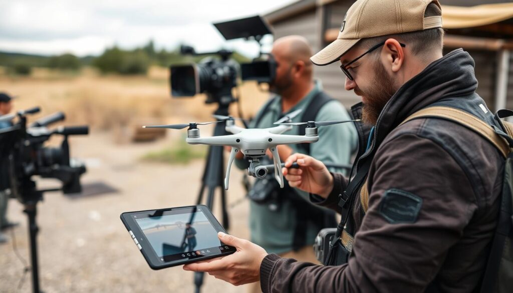 Zespół filmowy planujący ujęcia z drona na planie zdjęciowym