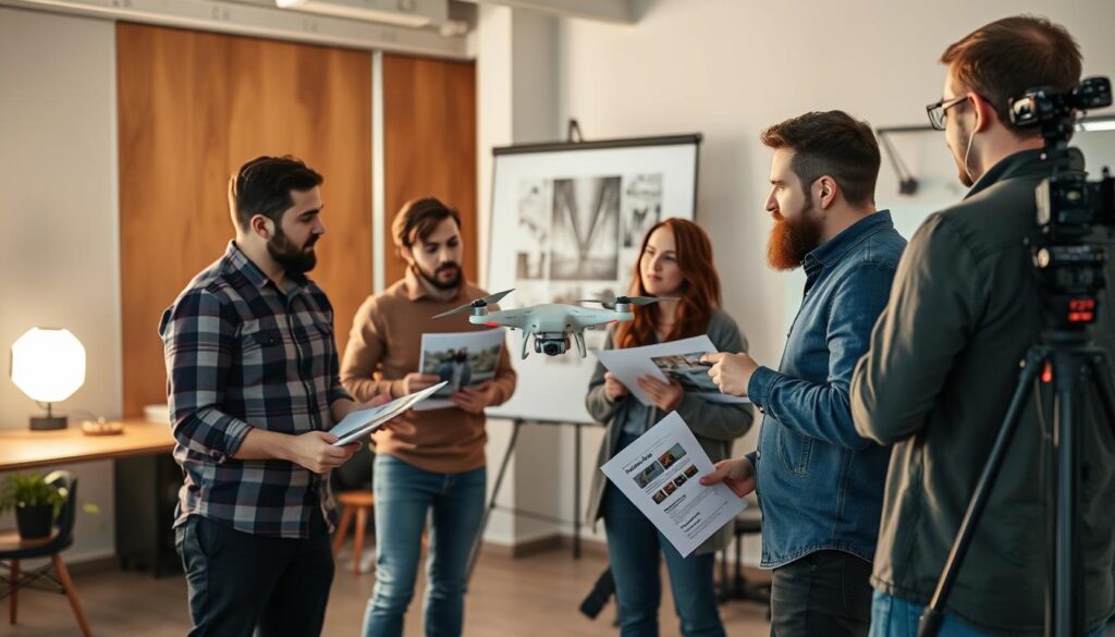 Zespół produkcyjny omawiający koncepcję filmu promocyjnego z wykorzystaniem drona